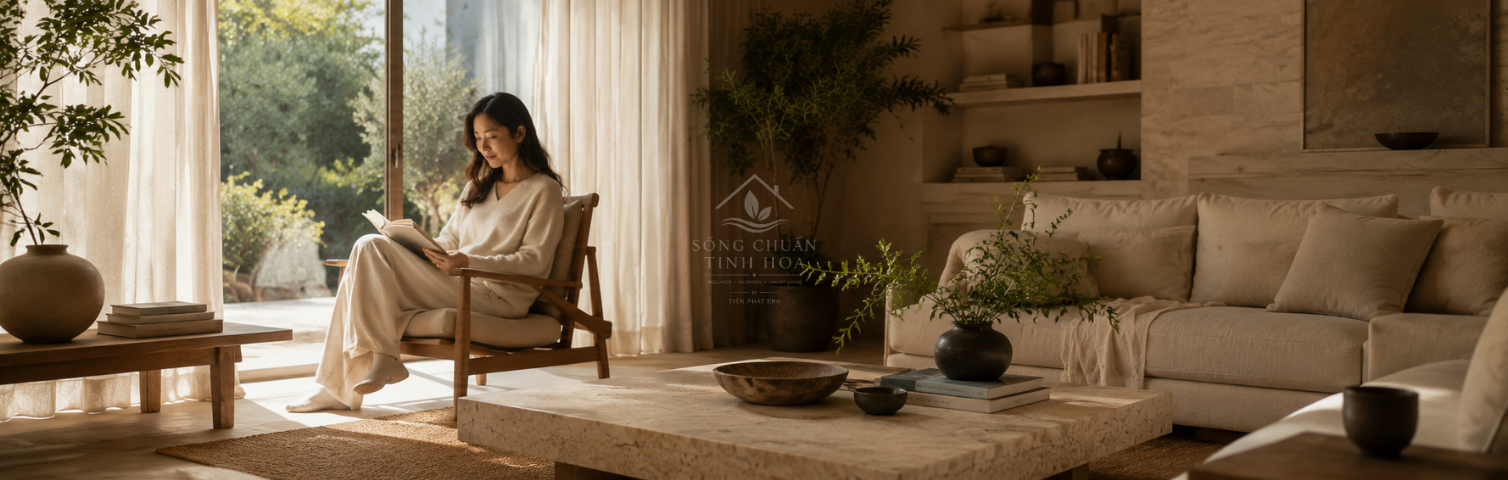 Người phụ nữ đọc sách bên cửa sổ trong không gian yên tĩnh.
