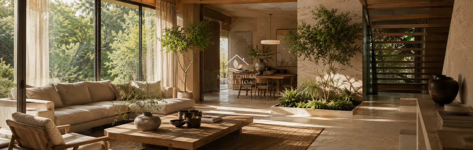Không gian Home Wellness với ánh sáng, cây xanh và vật liệu tự nhiên.