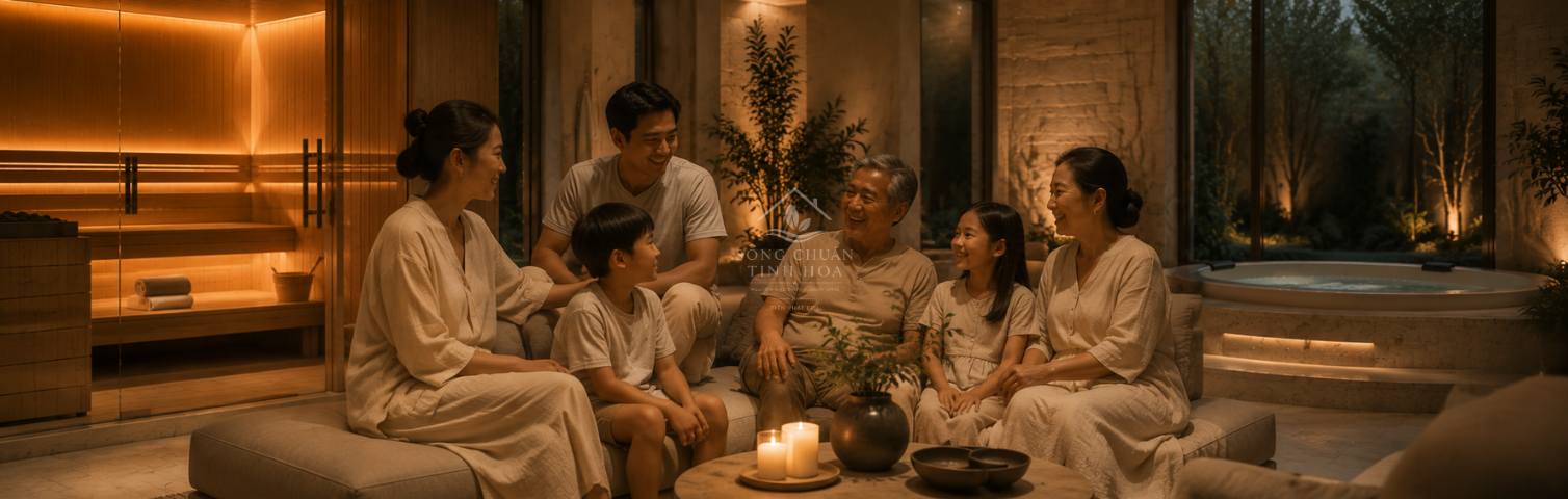 Gia đình tận hưởng khoảnh khắc thư giãn trong không gian Wellness tại nhà.