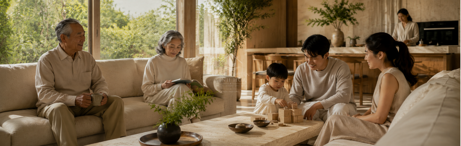  Gia đình tận hưởng thời gian bên nhau trong ngôi nhà tràn ngập ánh sáng.